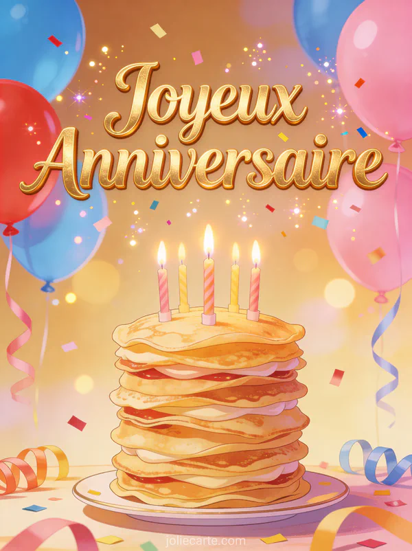 Tour de crêpes avec bougies d'anniversaire ballons et décorations de fête ambiance célébration texte Joyeux Anniversaire