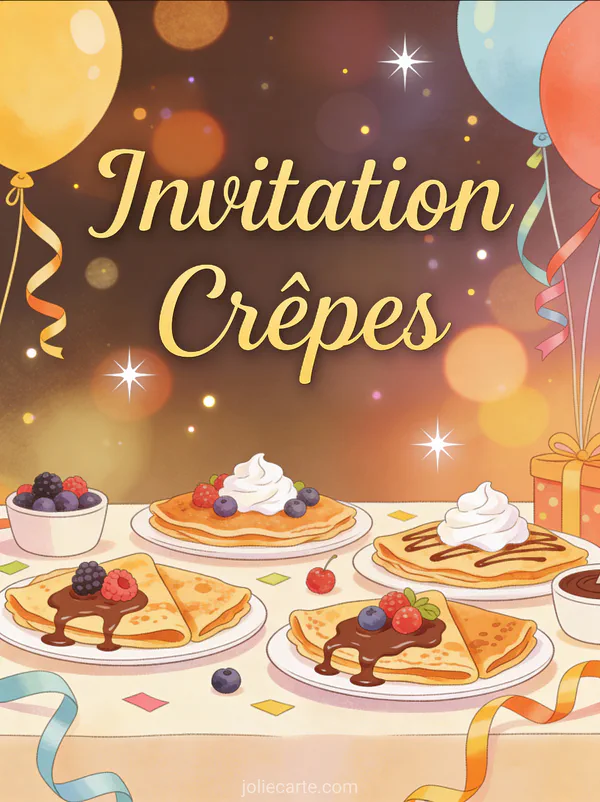 Carte d'invitation élégante avec calligraphie dorée table décorée pour soirée crêpes texte Invitation Crêpes