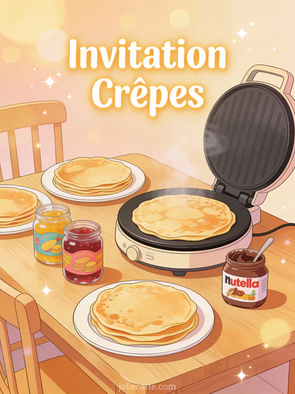 Table dressée pour soirée crêpes avec assiettes pots de confiture Nutella et crêpière ambiance accueillante texte Invitation Crêpes