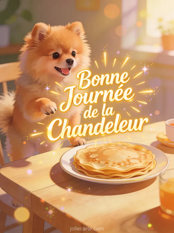 Chiot Spitz nain excité regardant une assiette de crêpes sur table de petit-déjeuner ensoleillée texte Bonne Journée de la Chandeleur