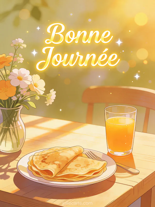 Table de petit-déjeuner avec crêpes jus d'orange frais et fleurs printanières lumière du matin texte Bonne Journée