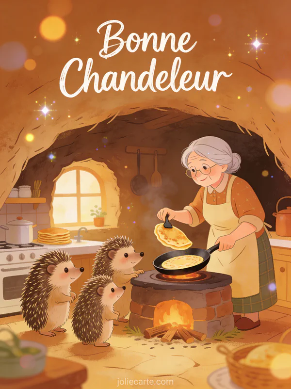Grand-mère hérisson apprenant à faire sauter les crêpes à bébés hérissons dans cuisine de terrier chaleureuse texte Bonne Chandeleur