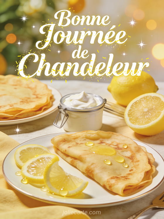 Brunch élégant avec crêpes au citron citrons frais et pot de crème lumière méditerranéenne texte Bonne Journée de Chandeleur