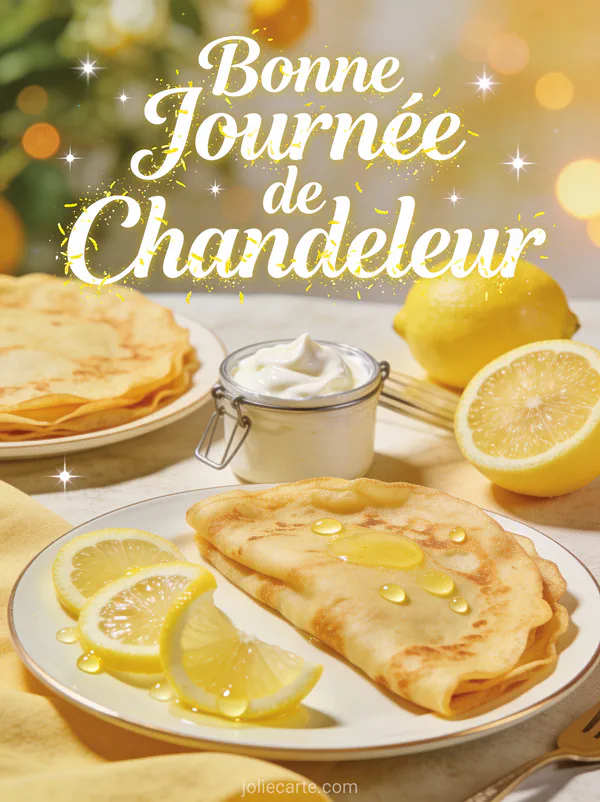 Brunch élégant avec crêpes au citron citrons frais et pot de crème lumière méditerranéenne texte Bonne Journée de Chandeleur