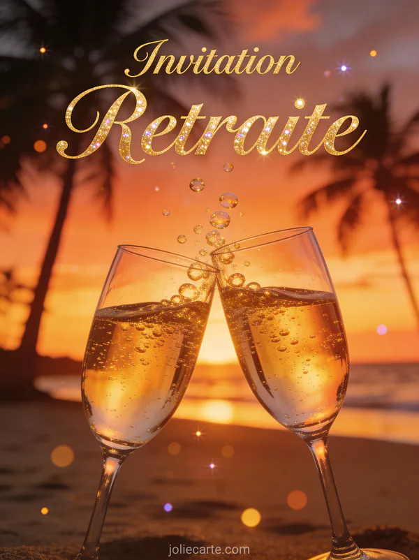 Invitation retraite avec coupes de champagne sur fond de coucher de soleil et palmiers