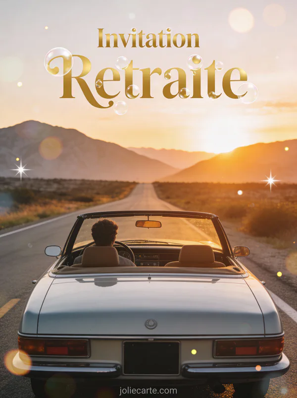 Invitation retraite avec voiture décapotable sur route vers les montagnes au coucher du soleil