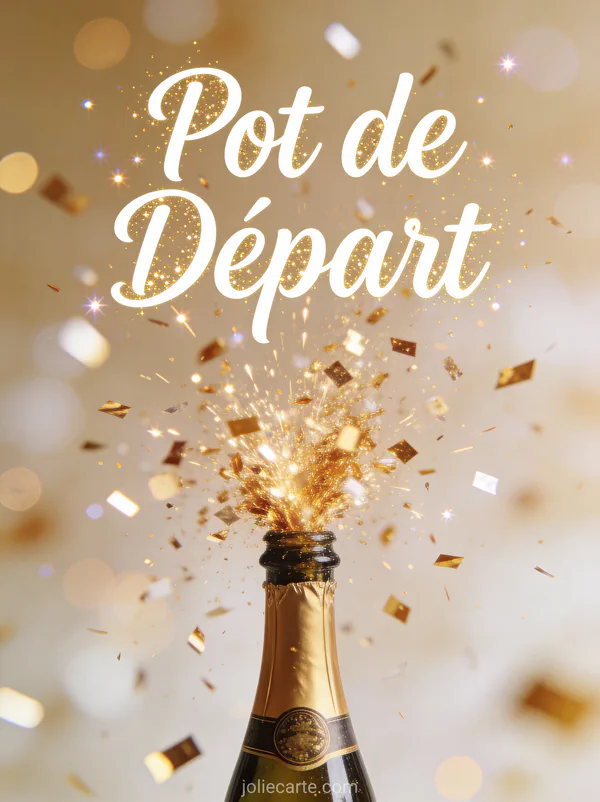 Invitation pot de départ avec bouteille de champagne qui explose et confettis dorés