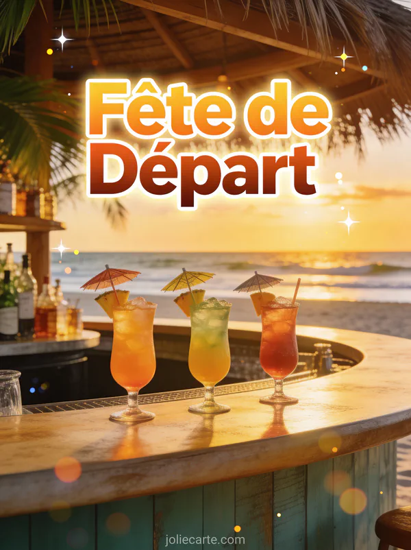 Invitation fête retraite avec cocktails colorés sur comptoir de bar face à l'océan