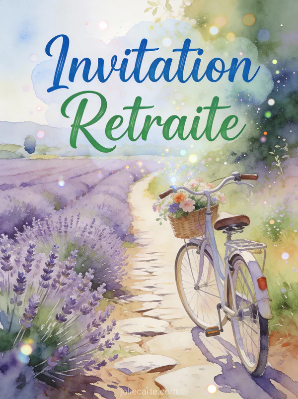 Invitation retraite avec vélo vintage dans un champ de lavande provençal ensoleillé