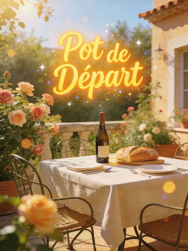 Invitation pot de départ avec table dressée au jardin vin et roses en terrasse