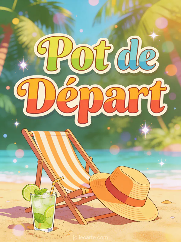 Invitation pot de départ humoristique avec transat chapeau de paille et mojito sur plage