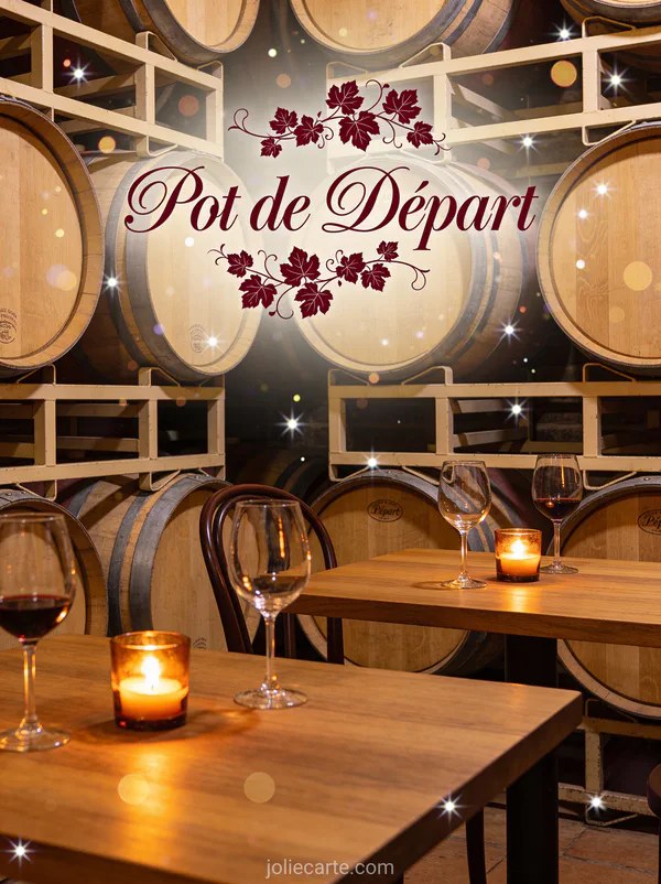 Invitation pot de départ avec cave à vin fûts de chêne et verres à dégustation aux chandelles