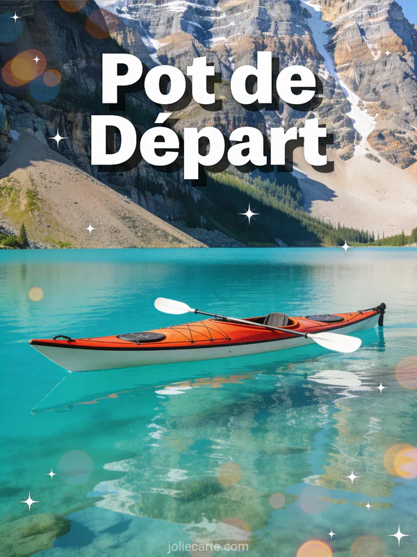 Invitation pot de départ avec kayak sur lac turquoise entouré de montagnes