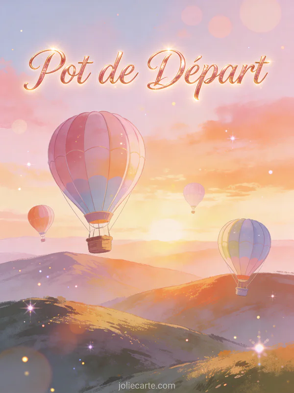 Invitation pot de départ avec montgolfières s'élevant au-dessus des collines au lever du soleil