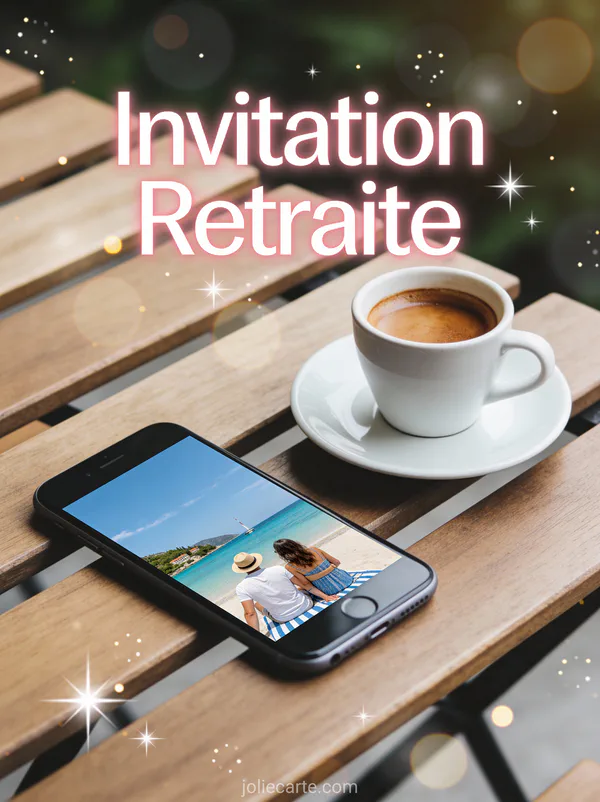 Invitation retraite moderne avec smartphone et café sur table en bois
