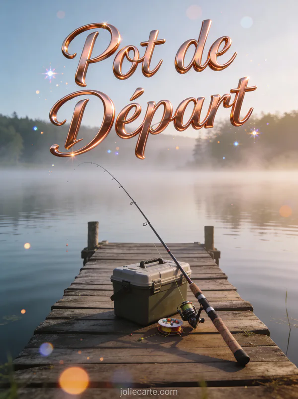 Invitation pot de départ avec canne à pêche sur ponton au bord d'un lac brumeux