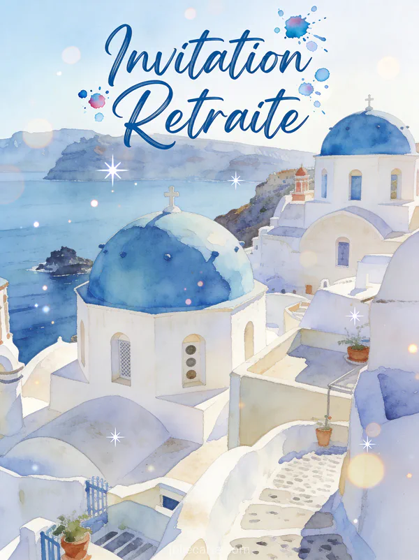 Invitation retraite illustration style affiche voyage avec Santorin dômes bleus et mer