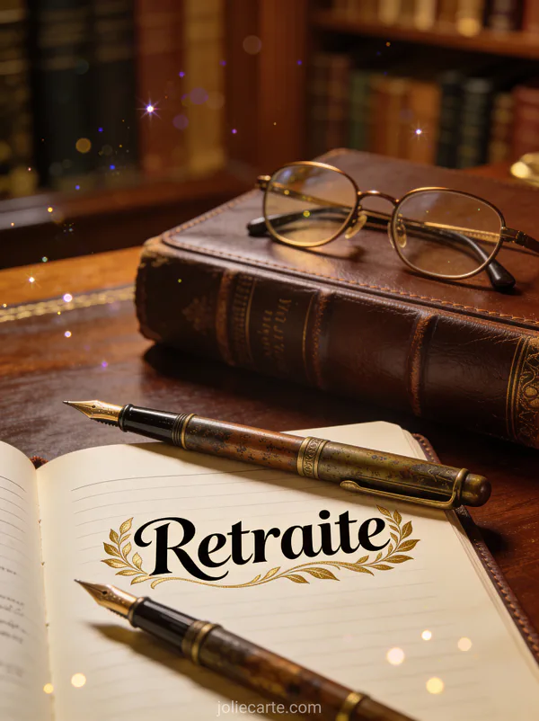 Faire part retraite élégant avec carnet cuir plume et lunettes sur bureau en acajou