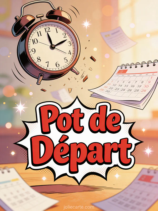 Faire part retraite humoristique avec réveil jeté et pages de calendrier qui s'envolent