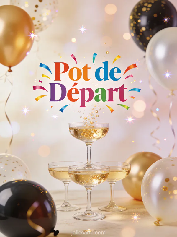 Invitation pot de départ avec fontaine de champagne ballons et serpentins festifs