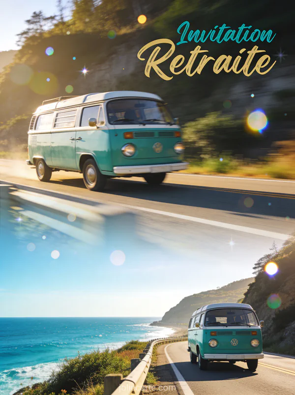 Carton invitation retraite avec van vintage sur route côtière vue océan