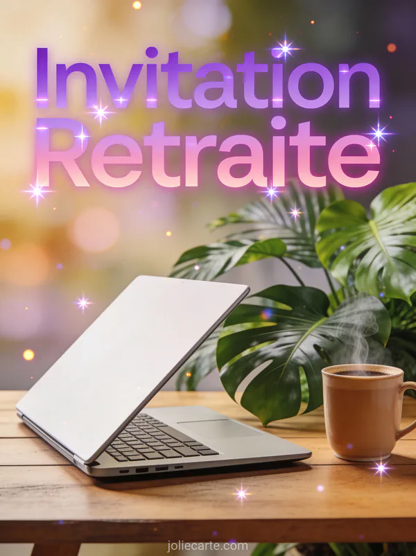 Invitation retraite moderne avec laptop fermé plante verte et café style bureau