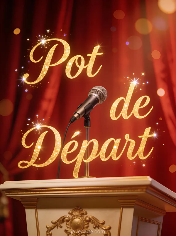 Invitation pot de départ avec micro sur podium élégant et rideau rouge en arrière-plan