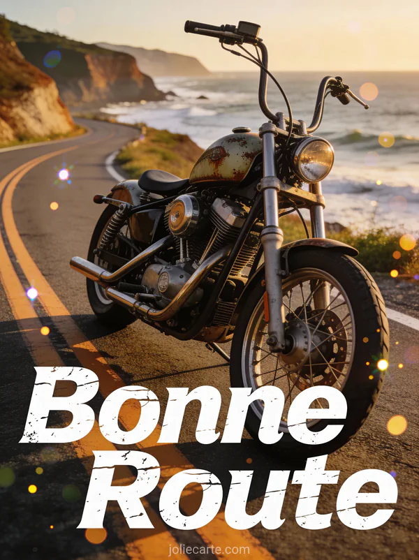 Carte bonne route avec moto vintage sur route côtière panoramique
