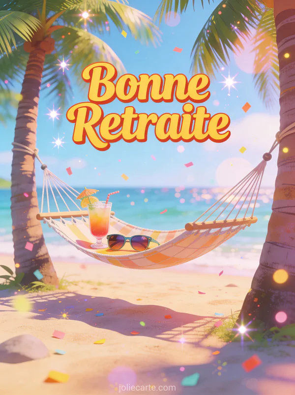 Carte bonne retraite humoristique avec hamac entre palmiers cocktail et lunettes de soleil