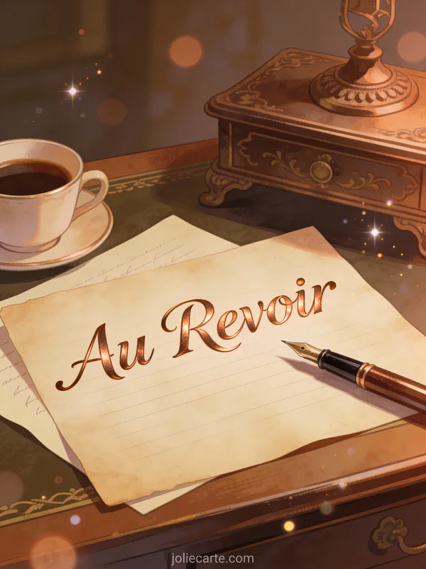 Carte au revoir collègue avec bureau vintage lettre plume et café