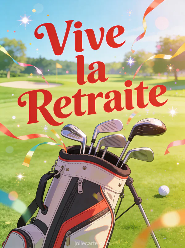 Carte citation retraite humoristique avec sac de golf sur parcours ensoleillé