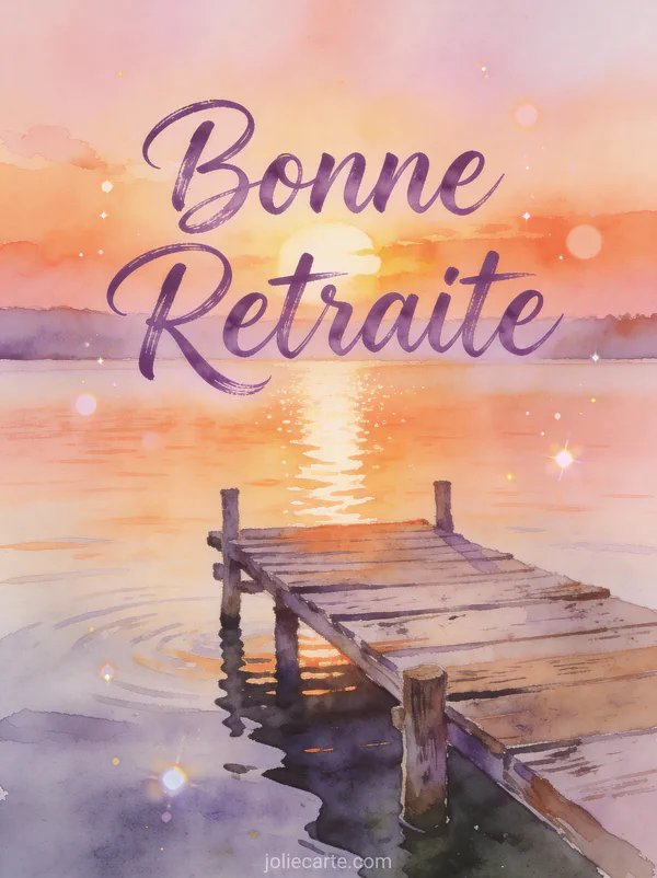 Carte retraite émouvante avec ponton sur lac calme au coucher du soleil