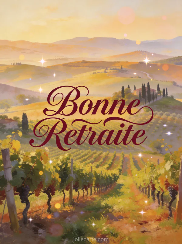 Carte retraite poétique avec vignobles toscans et collines dorées au soleil couchant