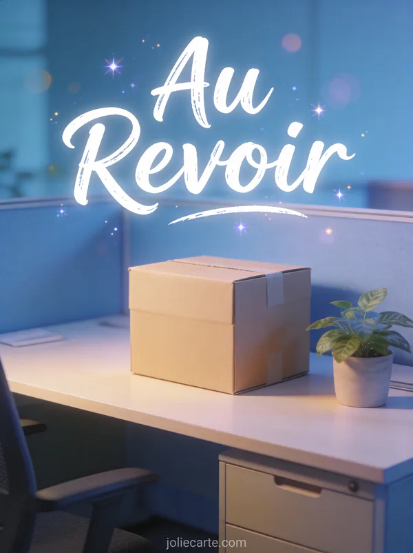 Carte au revoir collègues avec bureau vide carton emballé et plante