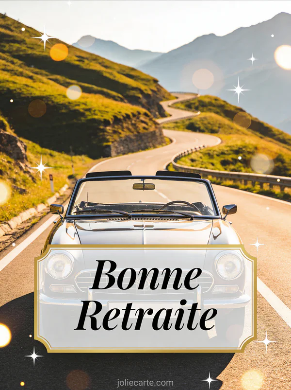 Carte mot retraite avec voiture décapotable vintage sur route de montagne panoramique