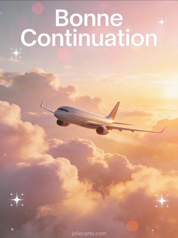 Carte départ collègue avec avion volant au-dessus des nuages au lever du soleil