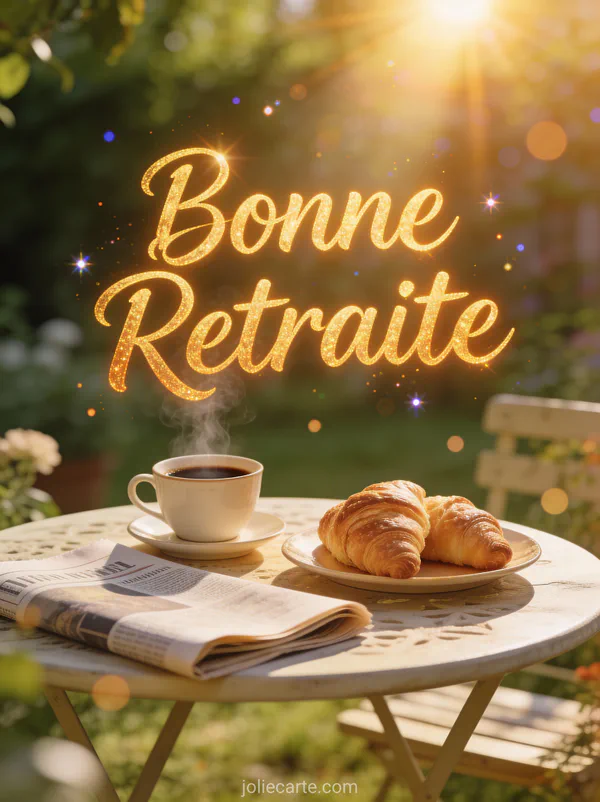 Carte souhaiter bonne retraite avec café croissants et journal sur table de jardin ensoleillée