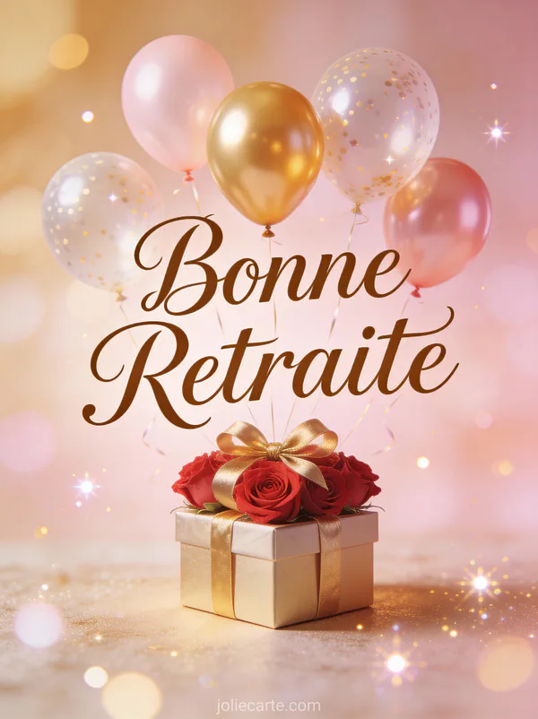 Carte bonne retraite élégante avec boîte cadeau ruban doré et roses