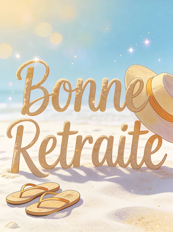 Carte mot retraite avec tongs et chapeau de paille sur plage de sable blanc