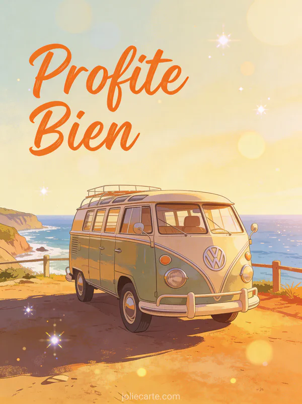 Carte profite bien retraite avec van vintage garé face à la vue océan panoramique