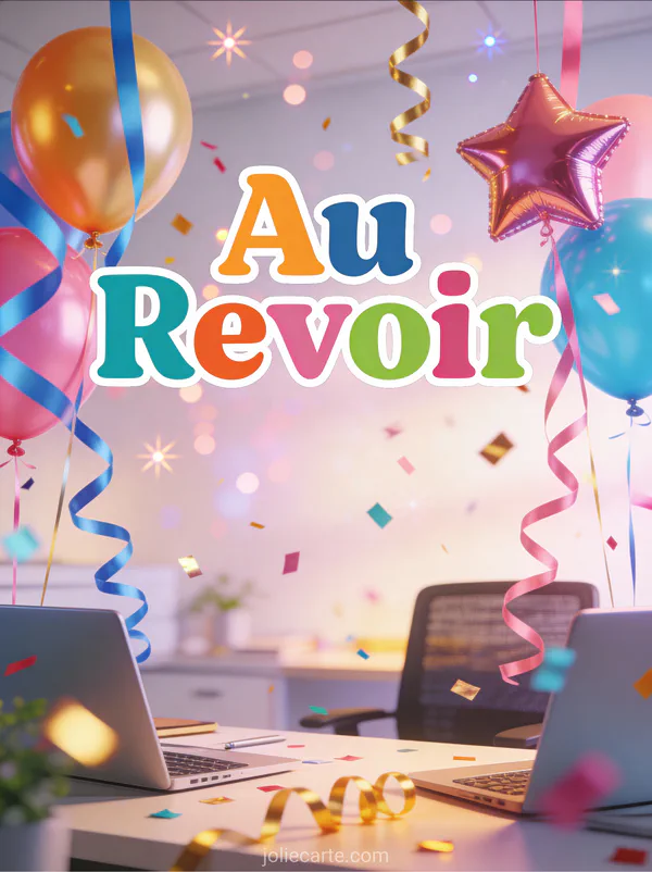 Carte au revoir collègues humoristique avec ballons serpentins et confettis de fête