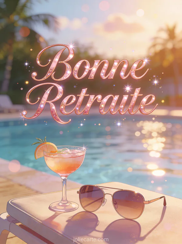 Carte bonne retraite humour femme avec lunettes de soleil et cocktail au bord de la piscine