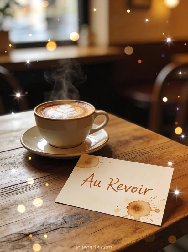 Carte de départ collègue avec cappuccino et carte d'adieu sur table de café