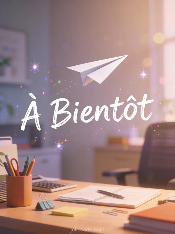 Carte texte départ court avec avion en papier s'envolant au-dessus d'un bureau