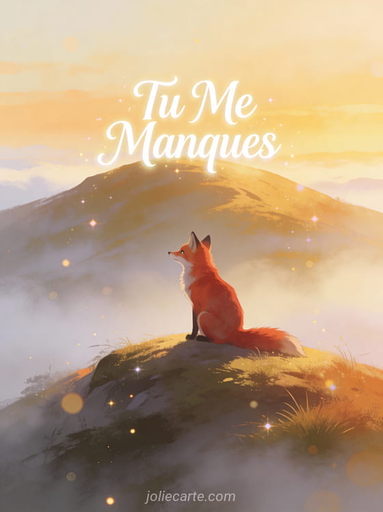 Renard roux assis sur une colline brumeuse à l'aube regardant l'horizon avec le texte Tu Me Manques
