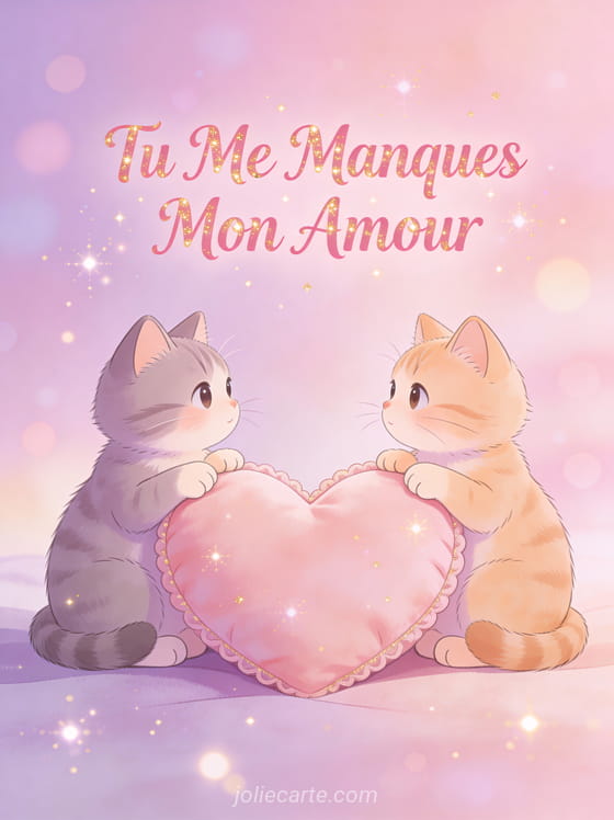 Deux chats cartoon mignons de chaque côté d'un coussin en forme de cœur avec le texte Tu Me Manques Mon Amour