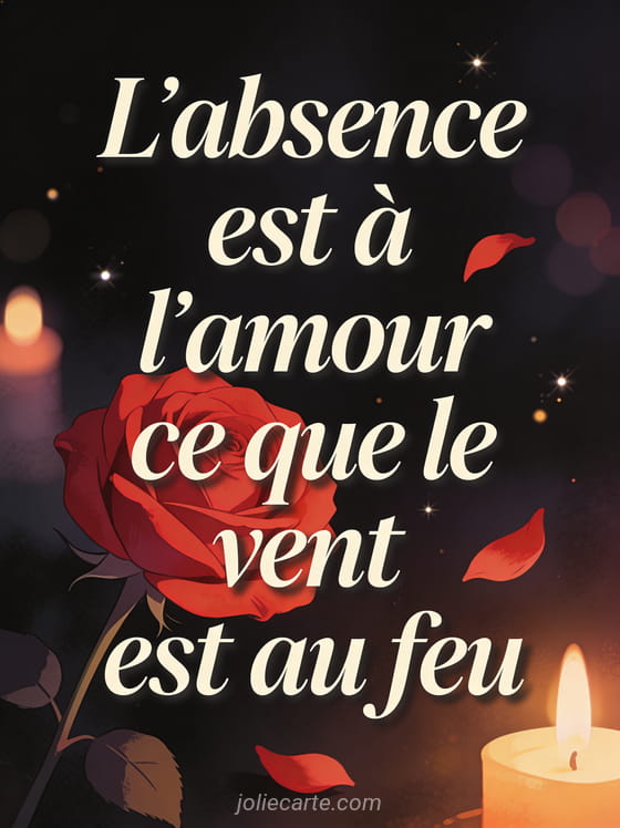 Rose rouge avec pétales s'envolant au vent sur fond sombre avec lueur de bougie et citation sur l'absence