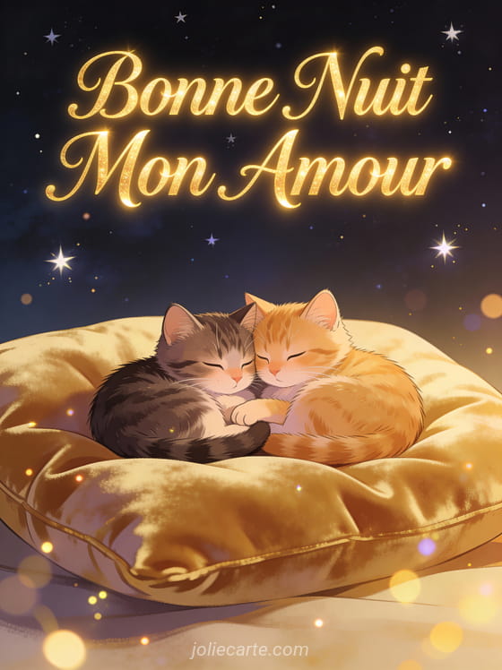 Deux chats câlins sur un coussin de velours sous un ciel étoilé avec le texte Bonne Nuit Mon Amour