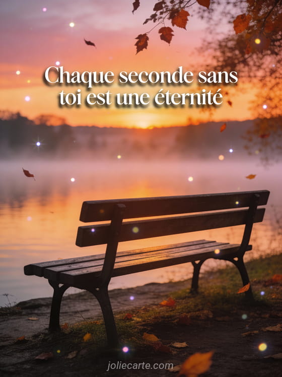 Banc en bois vide face à un lac brumeux au coucher du soleil avec feuilles d'automne et citation sur le manque