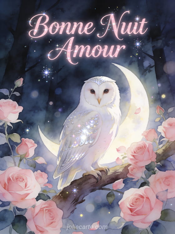 Chouette blanche sur une branche au clair de lune entourée de roses avec le texte Bonne Nuit Amour